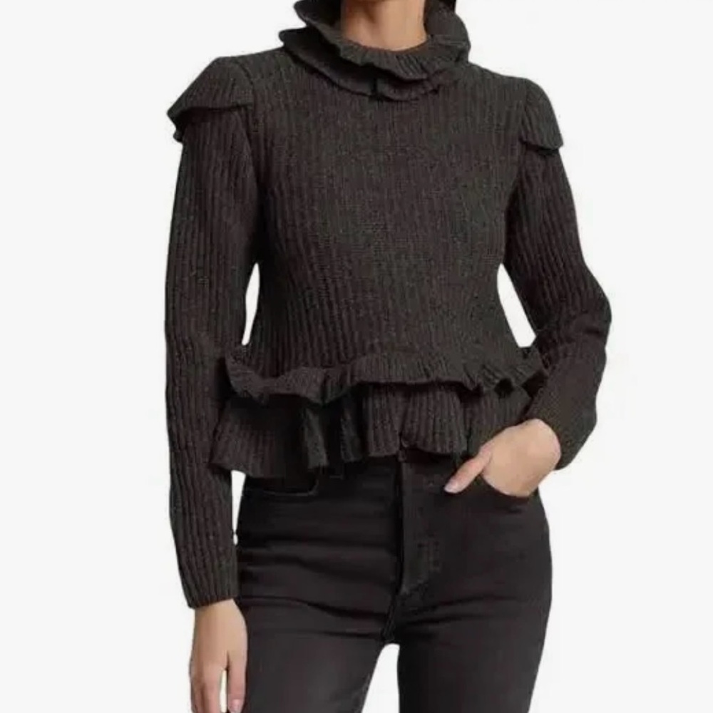 Ganni Phantom Gray Secy and Romantic Ruffled Open Back Sweater